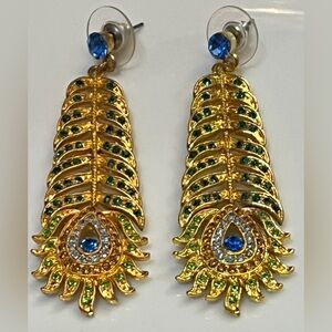 Gold-Tone Peacock Feather Drop Earrings with Blue & Green Stones